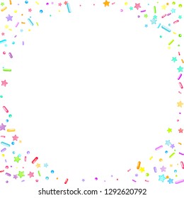 Sprinkles grainy. Cupcake donuts, dessert, sugar, bakery background. Sweet confetti on white chocolate glaze background. Vector Illustration sprinkles holiday designs, party, birthday, invitation.