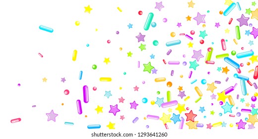 Sprinkles grainy. Cupcake donuts, dessert, sugar, bakery background. Sweet confetti on white chocolate glaze background. Vector Illustration sprinkles holiday designs, party, birthday, invitation.