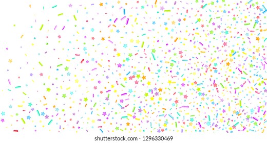 Sprinkles grainy. Cupcake donuts, dessert, sugar, bakery background. Sweet confetti on white chocolate glaze background. Vector Illustration sprinkles holiday designs, party, birthday, invitation.