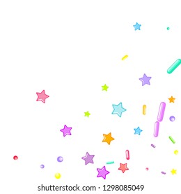 Sprinkles grainy. Cupcake donuts, dessert, sugar, bakery background. Sweet confetti on white chocolate glaze background. Vector Illustration sprinkles holiday designs, party, birthday, invitation.