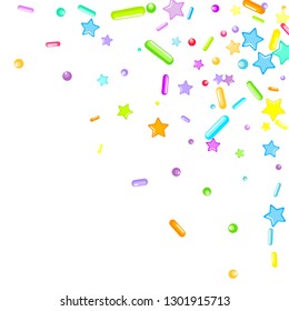 Sprinkles grainy. Cupcake donuts, dessert, sugar, bakery background. Sweet confetti on white chocolate glaze background. Vector Illustration sprinkles holiday designs, party, birthday, invitation.