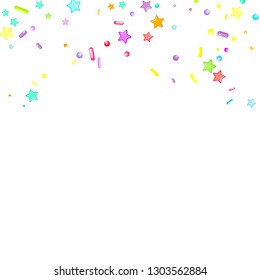 Sprinkles grainy. Cupcake donuts, dessert, sugar, bakery background. Sweet confetti on white chocolate glaze background. Vector Illustration sprinkles holiday designs, party, birthday, invitation.
