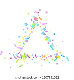 Sprinkles grainy. Cupcake donuts, dessert, sugar, bakery background. Sweet confetti on white chocolate glaze background. Vector Illustration sprinkles holiday designs, party, birthday, invitation.