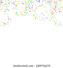 Sprinkles grainy. Cupcake donuts, dessert, sugar, bakery background. Sweet confetti on white chocolate glaze background. Vector Illustration sprinkles holiday designs, party, birthday, invitation.