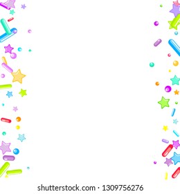 Sprinkles grainy. Cupcake donuts, dessert, sugar, bakery background. Sweet confetti on white chocolate glaze background. Vector Illustration sprinkles holiday designs, party, birthday, invitation.
