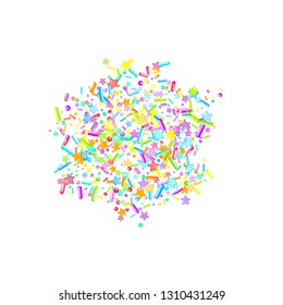 Sprinkles grainy. Cupcake donuts, dessert, sugar, bakery background. Sweet confetti on white chocolate glaze background. Vector Illustration sprinkles holiday designs, party, birthday, invitation.