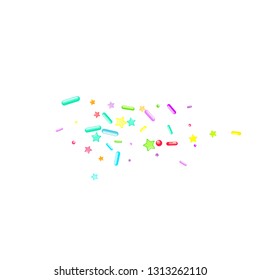 Sprinkles grainy. Cupcake donuts, dessert, sugar, bakery background. Sweet confetti on white chocolate glaze background. Vector Illustration sprinkles holiday designs, party, birthday, invitation.