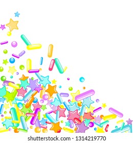 Sprinkles grainy. Cupcake donuts, dessert, sugar, bakery background. Sweet confetti on white chocolate glaze background. Vector Illustration sprinkles holiday designs, party, birthday, invitation.