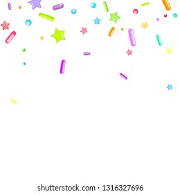 Sprinkles grainy. Cupcake donuts, dessert, sugar, bakery background. Sweet confetti on white chocolate glaze background. Vector Illustration sprinkles holiday designs, party, birthday, invitation.
