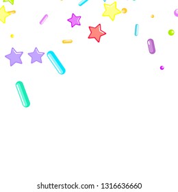 Sprinkles grainy. Cupcake donuts, dessert, sugar, bakery background. Sweet confetti on white chocolate glaze background. Vector Illustration sprinkles holiday designs, party, birthday, invitation.
