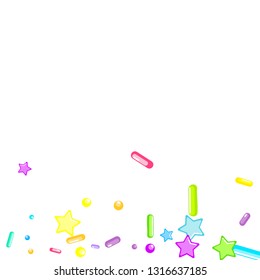Sprinkles grainy. Cupcake donuts, dessert, sugar, bakery background. Sweet confetti on white chocolate glaze background. Vector Illustration sprinkles holiday designs, party, birthday, invitation.