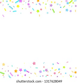 Sprinkles grainy. Cupcake donuts, dessert, sugar, bakery background. Sweet confetti on white chocolate glaze background. Vector Illustration sprinkles holiday designs, party, birthday, invitation.