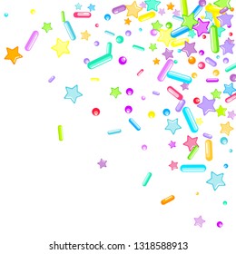 Sprinkles grainy. Cupcake donuts, dessert, sugar, bakery background. Sweet confetti on white chocolate glaze background. Vector Illustration sprinkles holiday designs, party, birthday, invitation.