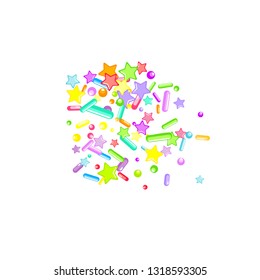 Sprinkles grainy. Cupcake donuts, dessert, sugar, bakery background. Sweet confetti on white chocolate glaze background. Vector Illustration sprinkles holiday designs, party, birthday, invitation.