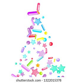 Sprinkles grainy. Cupcake donuts, dessert, sugar, bakery background. Sweet confetti on white chocolate glaze background. Vector Illustration sprinkles holiday designs, party, birthday, invitation.