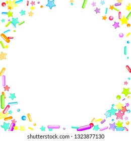 Sprinkles grainy. Cupcake donuts, dessert, sugar, bakery background. Sweet confetti on white chocolate glaze background. Vector Illustration sprinkles holiday designs, party, birthday, invitation.