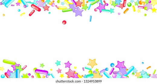 Sprinkles grainy. Cupcake donuts, dessert, sugar, bakery background. Sweet confetti on white chocolate glaze background. Vector Illustration sprinkles holiday designs, party, birthday, invitation.