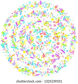 Sprinkles grainy. Cupcake donuts, dessert, sugar, bakery background. Sweet confetti on white chocolate glaze background. Vector Illustration sprinkles holiday designs, party, birthday, invitation.