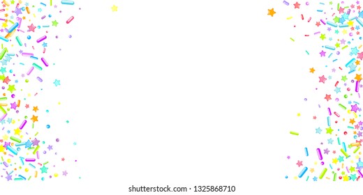 Sprinkles grainy. Cupcake donuts, dessert, sugar, bakery background. Sweet confetti on white chocolate glaze background. Vector Illustration sprinkles holiday designs, party, birthday, invitation.