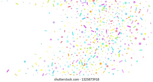 Sprinkles grainy. Cupcake donuts, dessert, sugar, bakery background. Sweet confetti on white chocolate glaze background. Vector Illustration sprinkles holiday designs, party, birthday, invitation.