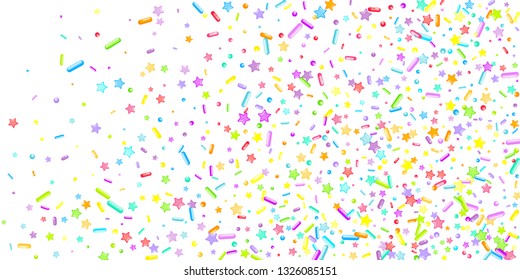 Sprinkles grainy. Cupcake donuts, dessert, sugar, bakery background. Sweet confetti on white chocolate glaze background. Vector Illustration sprinkles holiday designs, party, birthday, invitation.