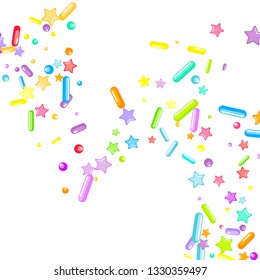 Sprinkles grainy. Cupcake donuts, dessert, sugar, bakery background. Sweet confetti on white chocolate glaze background. Vector Illustration sprinkles holiday designs, party, birthday, invitation.