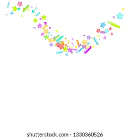 Sprinkles grainy. Cupcake donuts, dessert, sugar, bakery background. Sweet confetti on white chocolate glaze background. Vector Illustration sprinkles holiday designs, party, birthday, invitation.