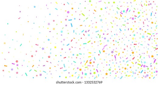 Sprinkles grainy. Cupcake donuts, dessert, sugar, bakery background. Sweet confetti on white chocolate glaze background. Vector Illustration sprinkles holiday designs, party, birthday, invitation.