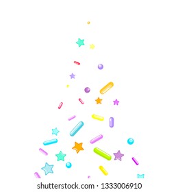 Sprinkles grainy. Cupcake donuts, dessert, sugar, bakery background. Sweet confetti on white chocolate glaze background. Vector Illustration sprinkles holiday designs, party, birthday, invitation.