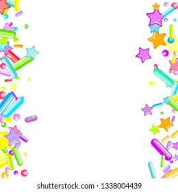 Sprinkles grainy. Cupcake donuts, dessert, sugar, bakery background. Sweet confetti on white chocolate glaze background. Vector Illustration sprinkles holiday designs, party, birthday, invitation.