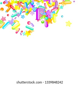 Sprinkles grainy. Cupcake donuts, dessert, sugar, bakery background. Sweet confetti on white chocolate glaze background. Vector Illustration sprinkles holiday designs, party, birthday, invitation.