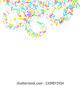 Sprinkles grainy. Cupcake donuts, dessert, sugar, bakery background. Sweet confetti on white chocolate glaze background. Vector Illustration sprinkles holiday designs, party, birthday, invitation.