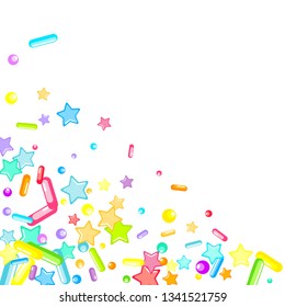 Sprinkles grainy. Cupcake donuts, dessert, sugar, bakery background. Sweet confetti on white chocolate glaze background. Vector Illustration sprinkles holiday designs, party, birthday, invitation.