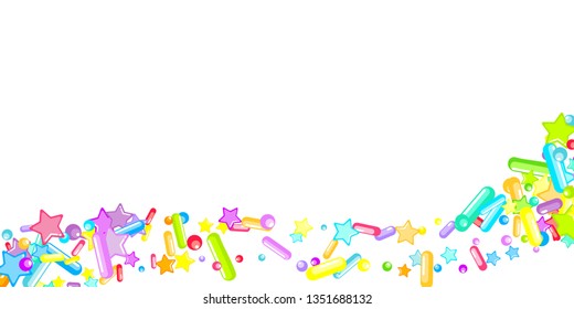 Sprinkles grainy. Cupcake donuts, dessert, sugar, bakery background. Sweet confetti on white chocolate glaze background. Vector Illustration sprinkles holiday designs, party, birthday, invitation.