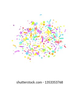 Sprinkles grainy. Cupcake donuts, dessert, sugar, bakery background. Sweet confetti on white chocolate glaze background. Vector Illustration sprinkles holiday designs, party, birthday, invitation.