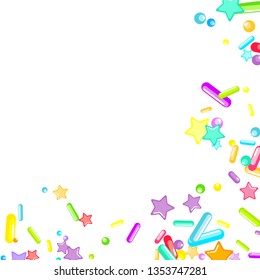 Sprinkles grainy. Cupcake donuts, dessert, sugar, bakery background. Sweet confetti on white chocolate glaze background. Vector Illustration sprinkles holiday designs, party, birthday, invitation.