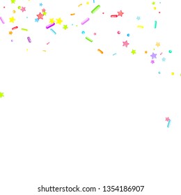 Sprinkles grainy. Cupcake donuts, dessert, sugar, bakery background. Sweet confetti on white chocolate glaze background. Vector Illustration sprinkles holiday designs, party, birthday, invitation.