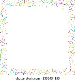 Sprinkles grainy. Cupcake donuts, dessert, sugar, bakery background. Sweet confetti on white chocolate glaze background. Vector Illustration sprinkles holiday designs, party, birthday, invitation.