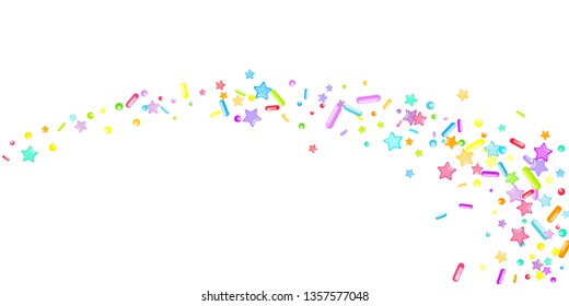 Sprinkles grainy. Cupcake donuts, dessert, sugar, bakery background. Sweet confetti on white chocolate glaze background. Vector Illustration sprinkles holiday designs, party, birthday, invitation.