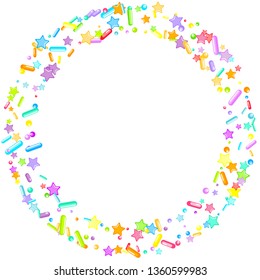 Sprinkles grainy. Cupcake donuts, dessert, sugar, bakery background. Sweet confetti on white chocolate glaze background. Vector Illustration sprinkles holiday designs, party, birthday, invitation.