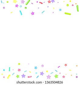 Sprinkles grainy. Cupcake donuts, dessert, sugar, bakery background. Sweet confetti on white chocolate glaze background. Vector Illustration sprinkles holiday designs, party, birthday, invitation.