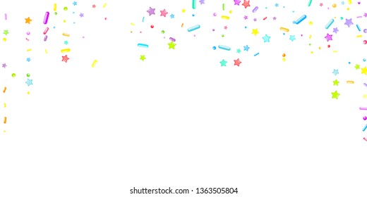 Sprinkles grainy. Cupcake donuts, dessert, sugar, bakery background. Sweet confetti on white chocolate glaze background. Vector Illustration sprinkles holiday designs, party, birthday, invitation.