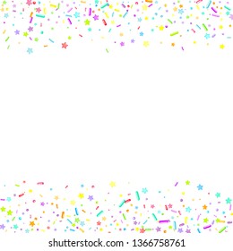 Sprinkles grainy. Cupcake donuts, dessert, sugar, bakery background. Sweet confetti on white chocolate glaze background. Vector Illustration sprinkles holiday designs, party, birthday, invitation.