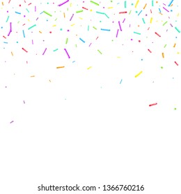 Sprinkles grainy. Cupcake donuts, dessert, sugar, bakery background. Sweet confetti on white chocolate glaze background. Vector Illustration sprinkles holiday designs, party, birthday, invitation.