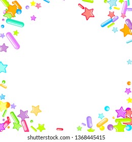 Sprinkles grainy. Cupcake donuts, dessert, sugar, bakery background. Sweet confetti on white chocolate glaze background. Vector Illustration sprinkles holiday designs, party, birthday, invitation.