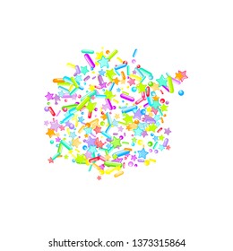 Sprinkles grainy. Cupcake donuts, dessert, sugar, bakery background. Sweet confetti on white chocolate glaze background. Vector Illustration sprinkles holiday designs, party, birthday, invitation.