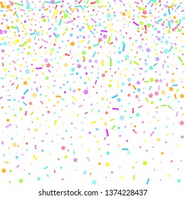 Sprinkles grainy. Cupcake donuts, dessert, sugar, bakery background. Sweet confetti on white chocolate glaze background. Vector Illustration sprinkles holiday designs, party, birthday, invitation.