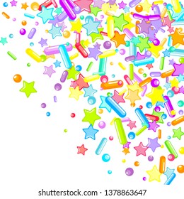 Sprinkles grainy. Cupcake donuts, dessert, sugar, bakery background. Sweet confetti on white chocolate glaze background. Vector Illustration sprinkles holiday designs, party, birthday, invitation.
