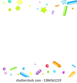Sprinkles grainy. Cupcake donuts, dessert, sugar, bakery background. Sweet confetti on white chocolate glaze background. Vector Illustration sprinkles holiday designs, party, birthday, invitation.