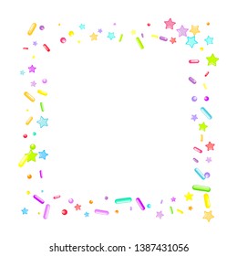 Sprinkles grainy. Cupcake donuts, dessert, sugar, bakery background. Sweet confetti on white chocolate glaze background. Vector Illustration sprinkles holiday designs, party, birthday, invitation.